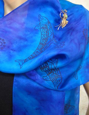 Long Silk Scarves painted over Blue Water Dreaming Aboriginal designs