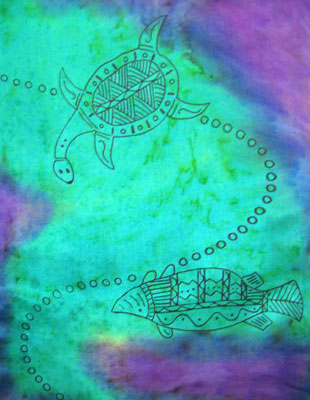 Long Silk Scarves painted over Blue Water Dreaming Aboriginal designs