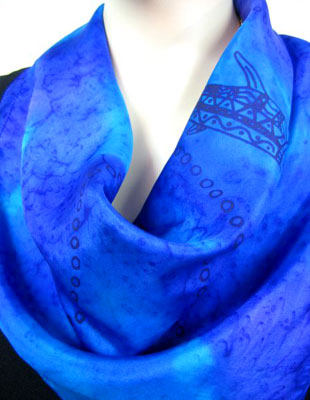 Square Silk Scarves painted over Blue Water Dreaming Aboriginal designs