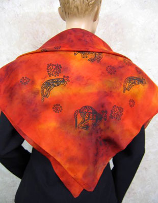 Square Silk Scarves painted over Inland Aboriginal designs