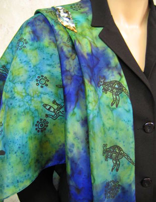 Square Silk Scarves painted over Inland Aboriginal designs