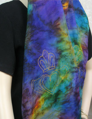 Silk Scarves hand painted over Celtic Claddagh designs