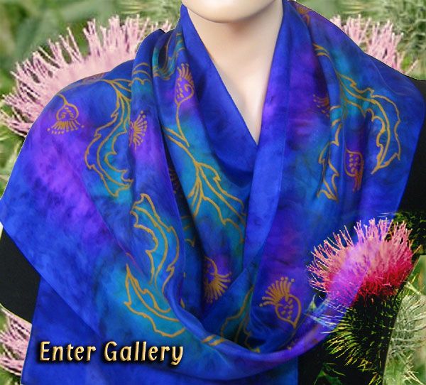 Wild Highland Thistle design on hand painted silk scarves and shawls