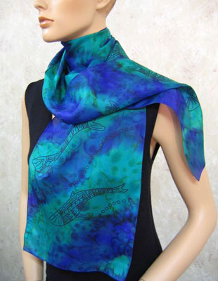 Long Silk Scarves painted over Blue Water Dreaming Aboriginal designs