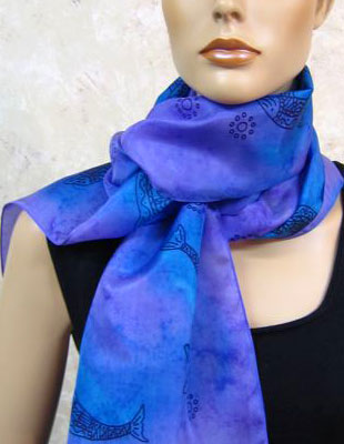Long Silk Scarves painted over Blue Water Dreaming Aboriginal designs