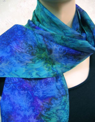 Long Silk Scarves painted over Blue Water Dreaming Aboriginal designs