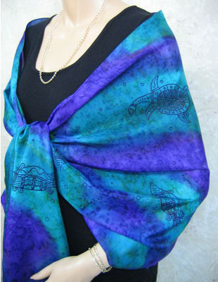 Silk Shawls painted over Blue Water Dreaming Aboriginal designs