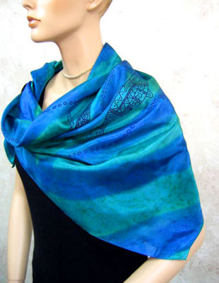 Square Silk Scarves painted over Blue Water Dreaming Aboriginal designs