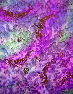 Square Silk Scarves painted over Blue Water Dreaming Aboriginal designs