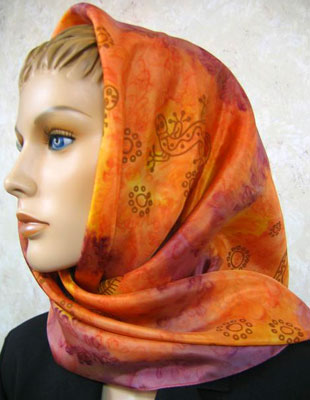 Square Silk Scarves painted over Inland Aboriginal designs