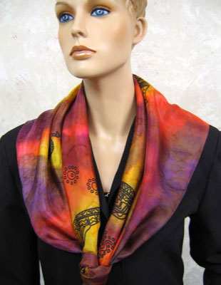 Square Silk Scarves painted over Inland Aboriginal designs