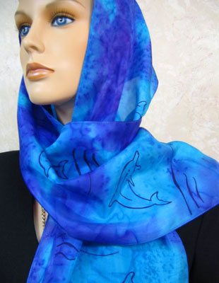 Long Silk Scarves painted over Dolphin designs
