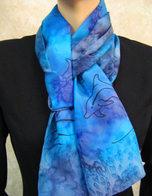 Long Silk Scarves painted over Dolphin designs