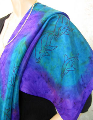 Square Silk Scarves painted over Dolphin designs
