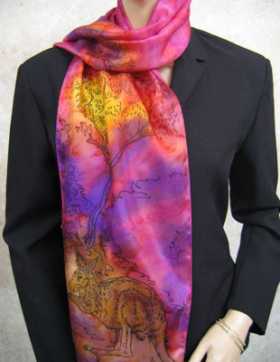 Long Silk Scarves painted over Australian Kangaroo designs