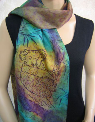 Long Silk Scarves painted over Australian Koala designs