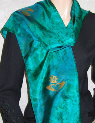 Silk Scarves hand painted over Celtic Claddagh designs