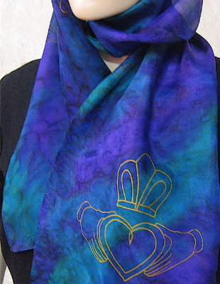Silk Scarves hand painted over Celtic Claddagh designs