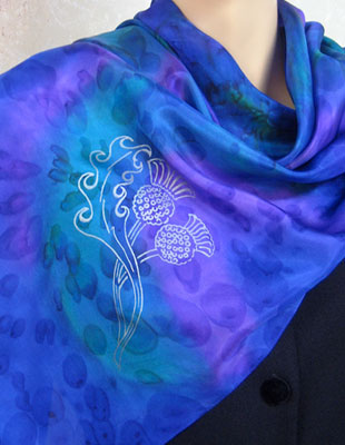 Silk Scarves hand painted over Celtic Royal Thistle of Scotland designs
