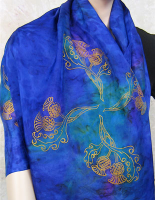 Silk Scarves hand painted over Celtic Royal Thistle of Scotland designs